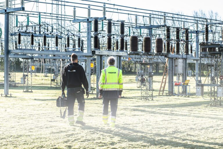 Workers at electrical transformer substation